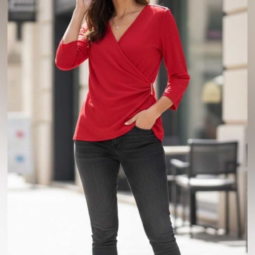 Red Faux Wrap top- Rhinestone shoulder detail with 3/4 sleeve